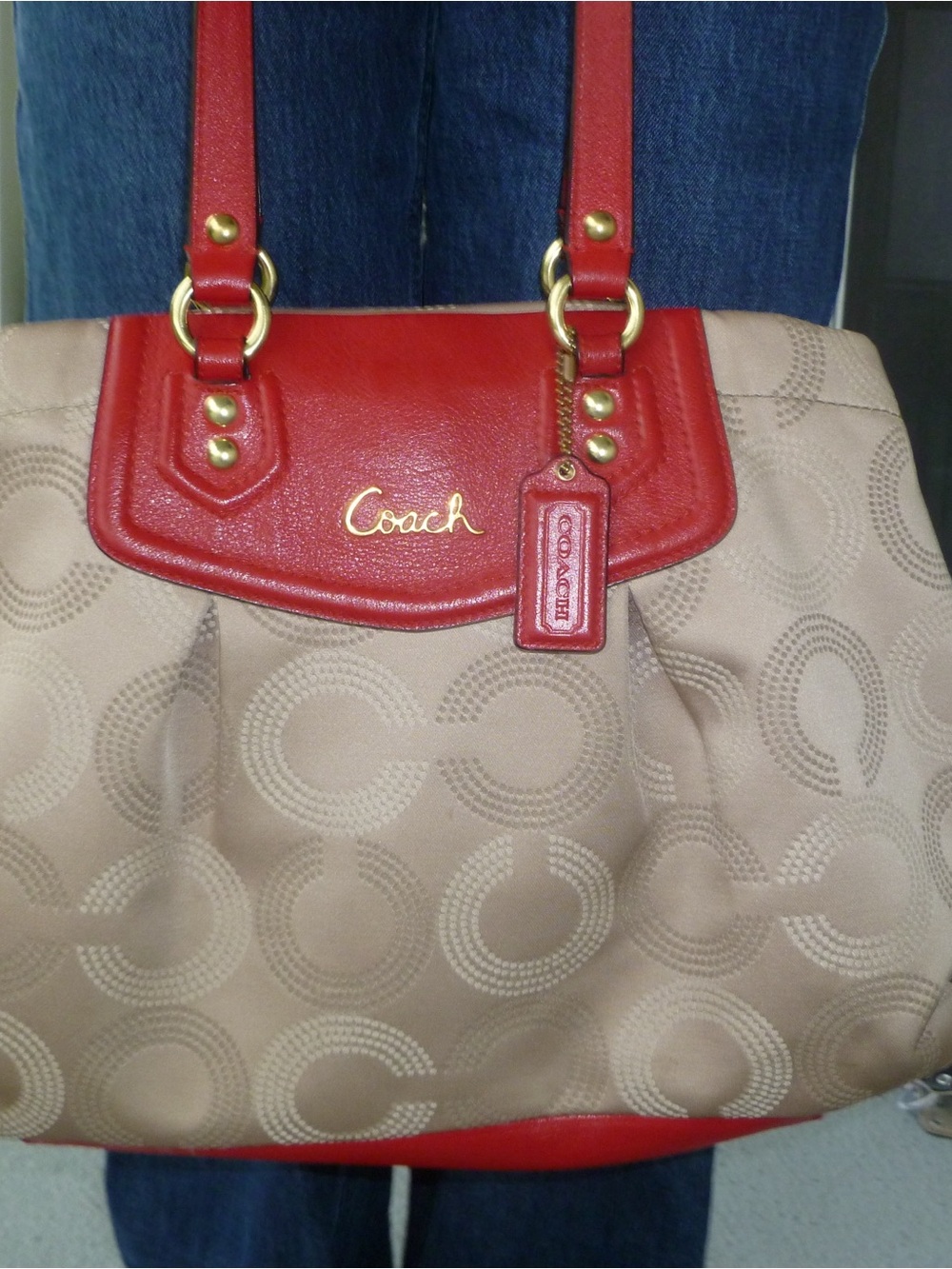 Coach Beige Signature Tote with Red Leather Trim